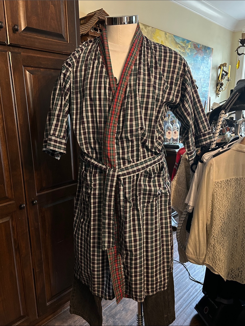 Chas Reed & Co OSFM Tartan Plaid Short Sleeve Tie Belt 100% Cotton Robe